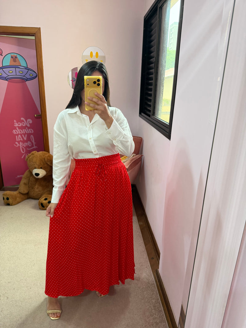 Saia Midi Poá Vermelha