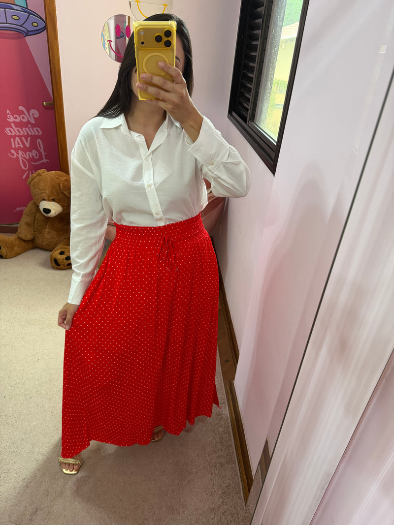 Saia Midi Poá Vermelha