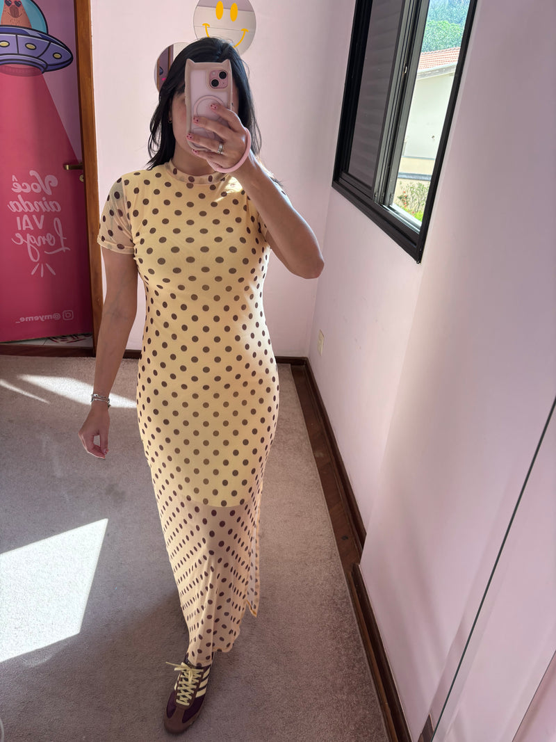 Vestido Midi Poá Tule Amarelo