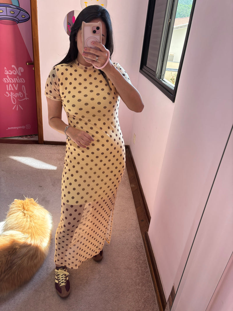 Vestido Midi Poá Tule Amarelo