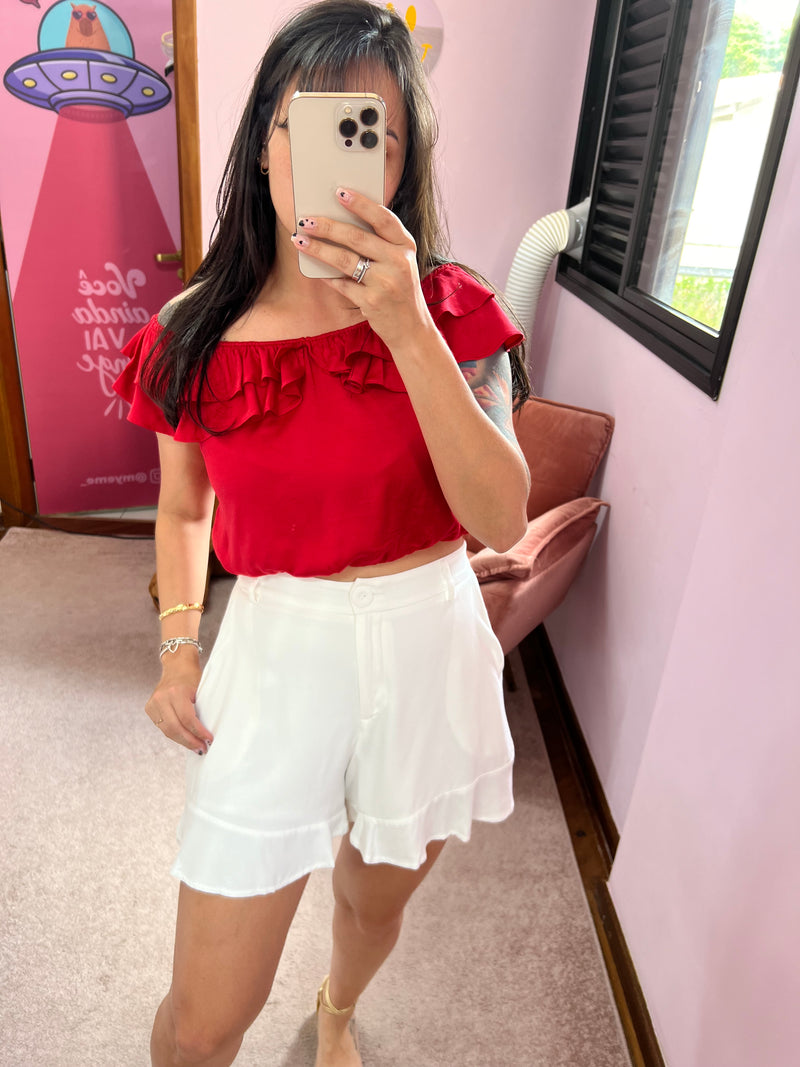 Short Alfaiataria Babado Branco Bem Me Quer