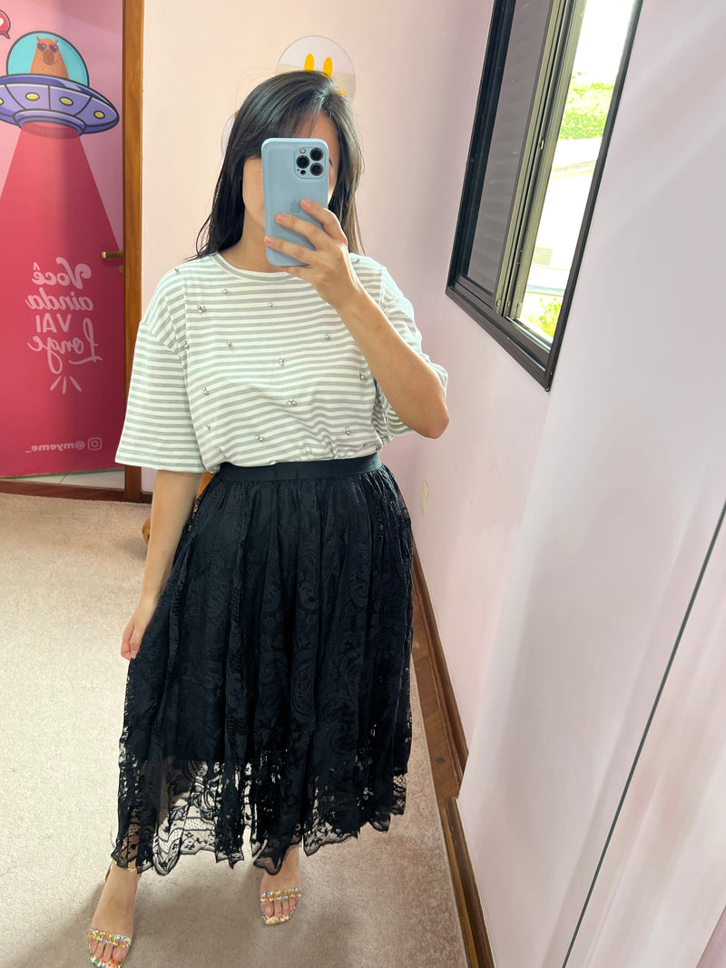 Saia Midi Renda Rodada | Preta