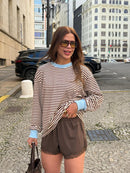 Blusa Over Listrada Azul e Marrom
